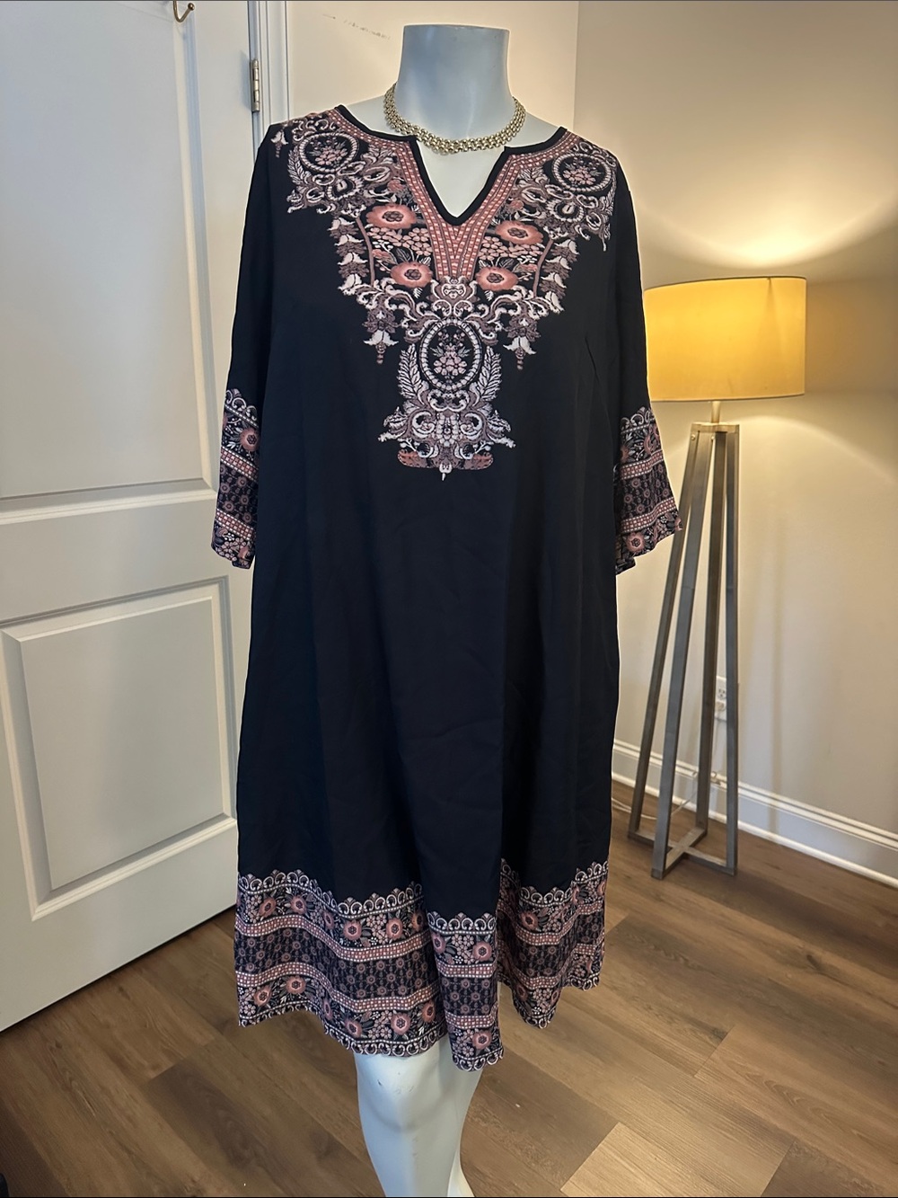 SHEIN Black Midi Dress with Pink Embroidered Detail